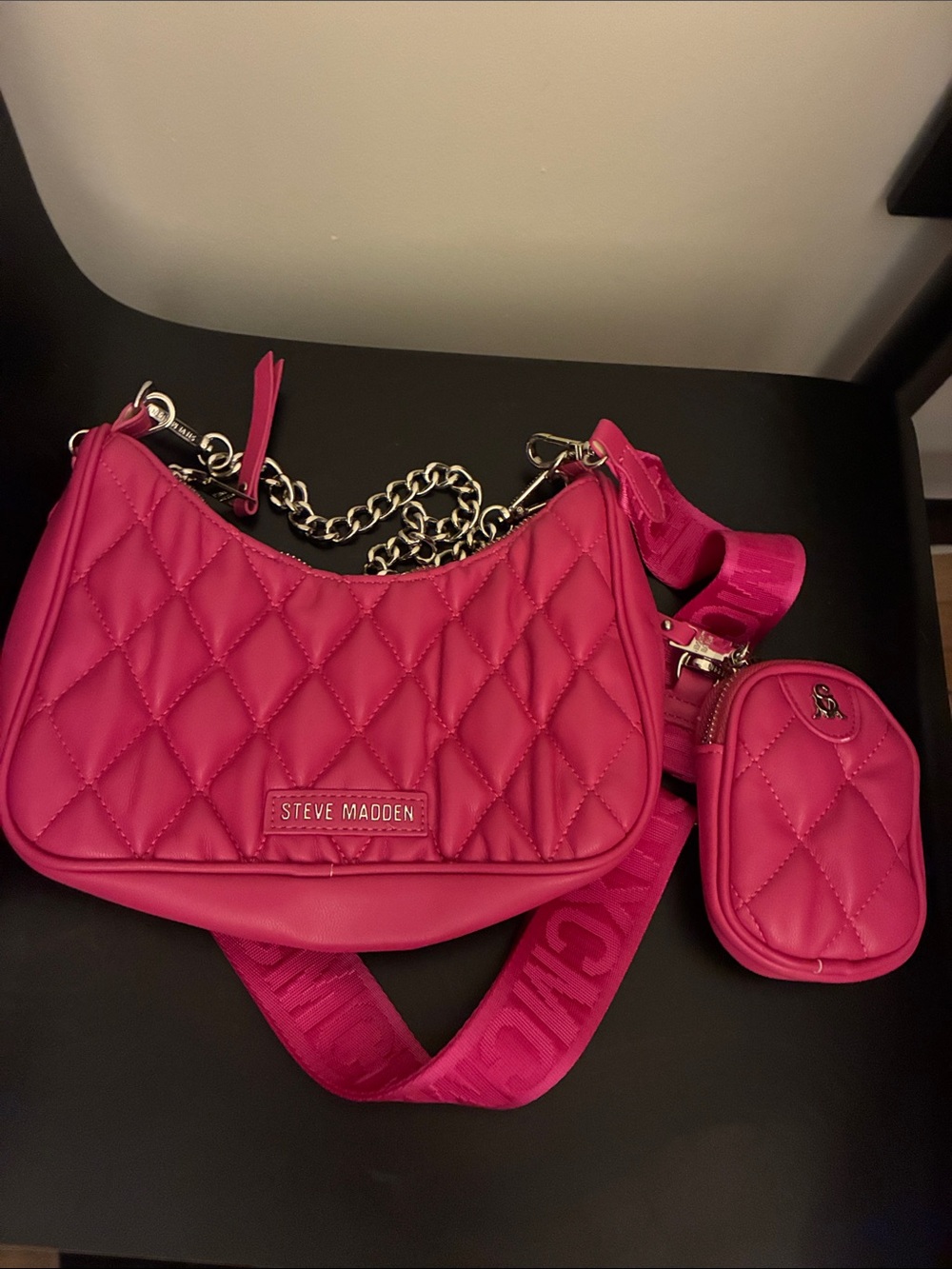 Steve Madden McBling Hot Pink Quilted Shoulder Bag with Strap Pouch